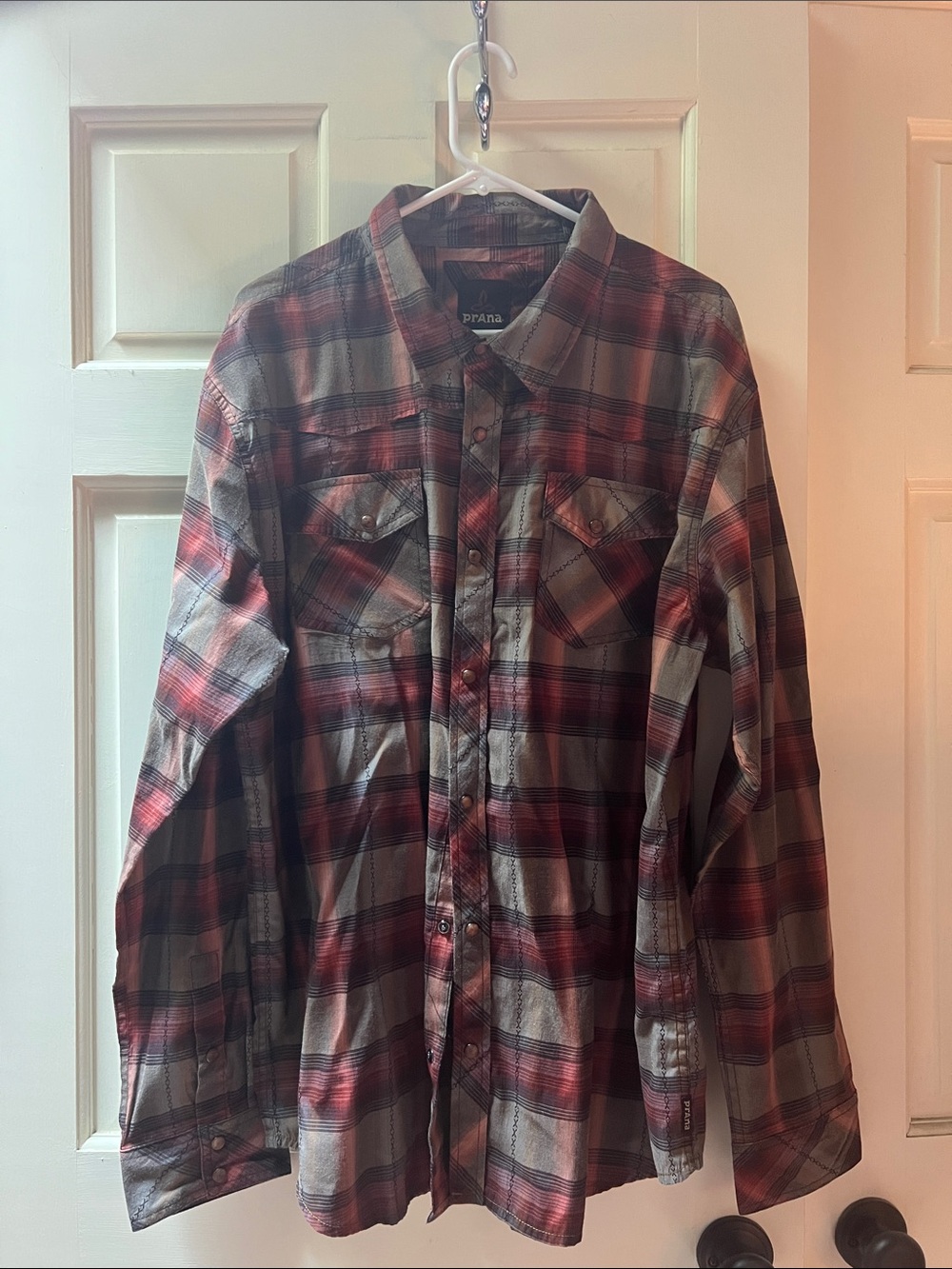 Prana Men's Burnt Sienna and Gray Plaid Shirt XXL